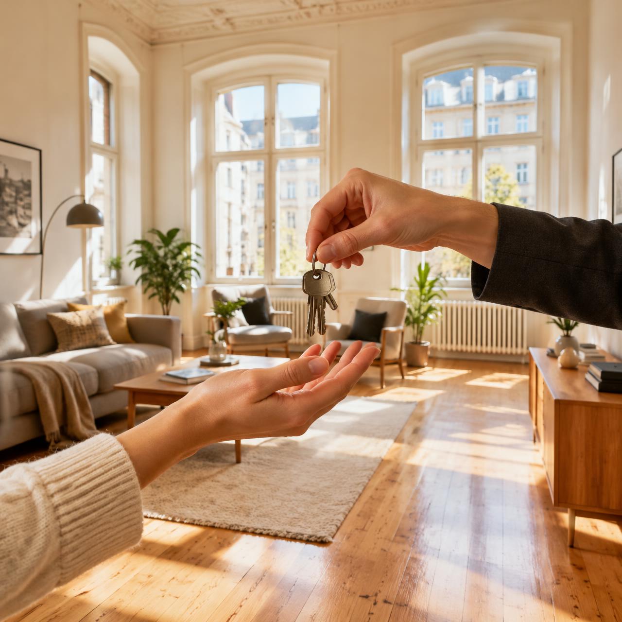 Schlüsselübergabe in einer hellen Altbauwohnung